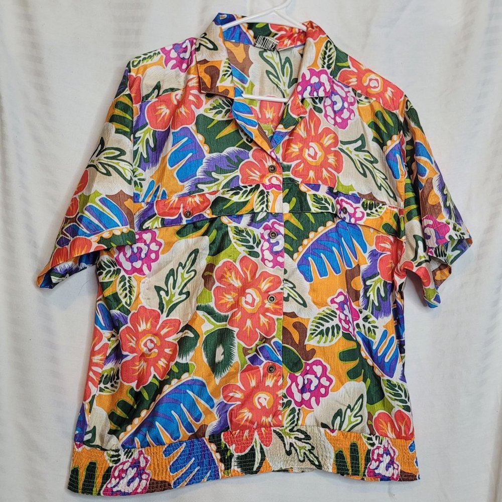 Polyester Floral Blouse Button Front Elastic Waist Leslie Fay Options Size 12 W